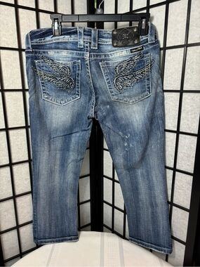 Miss Me Wing-Embellished Distressed Blue Cropped/Capri Jeans - Size 29